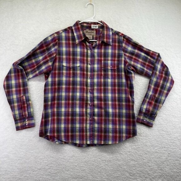 Wrangler Wrancher Womens Pearl Snap Shirt Size Large Long Sleeve Purple Plaid - Picture 1 of 8